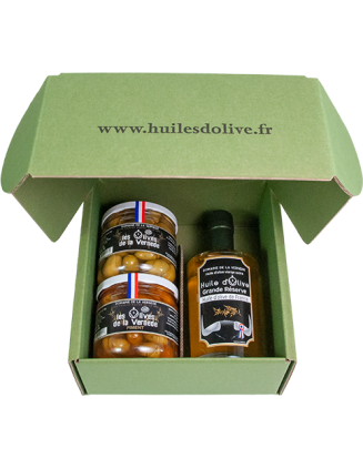 Coffret Trio 1 Huile -2 Olives - 1 bouteille de 350ml + 2 Pots d'Olives 200gr