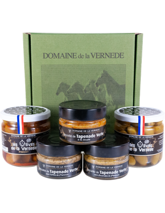 Coffret 2 Olives Nature + Piment - 3 Spécialités de Tapenade Vertes H. de Provence, Amandes et Tomate