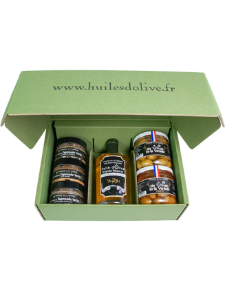Coffret 1 Huile d'Olive - 2 Olives Nature + Piment - 3 Spécialités de Tapenades Vertes H. de Provence, Amande et Tomate