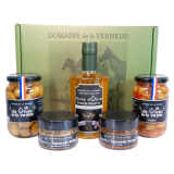 Coffret 1 Huile d'Olive - 2 Olives Nature + Piment - 2 Spécialités de Tapenades Vertes Amande et Tomate