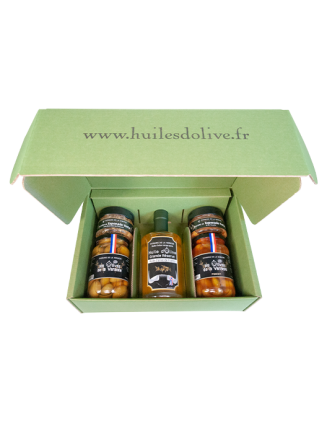 Coffret 1 Huile d'Olive - 2 Olives Nature + Piment - 2 Spécialités de Tapenades Vertes Amande et Tomate