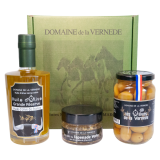Coffret Trio 1 Bouteille d'huile 350ml - 1 Pot Olives Nature 200gr - 1 Spécialité de Tapenade Amandes 100gr