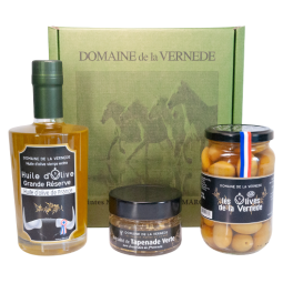 Coffret Trio 1 Bouteille d'huile 350ml - 1 Pot Olives Nature 200gr - 1 Spécialité de Tapenade Amandes 100gr