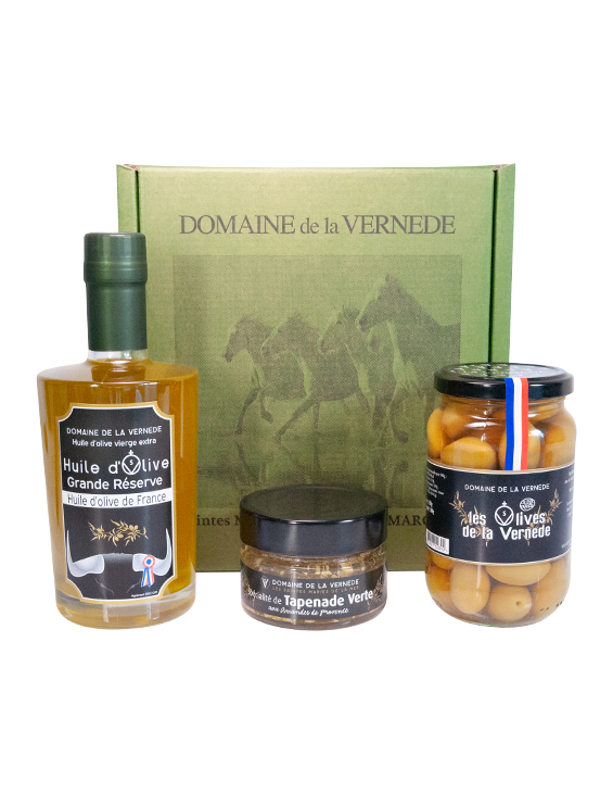 Coffret Trio 1 bouteille Huile de 350ml + 1 Pot Olives Nature + 1 Pot Tapenade Amandes