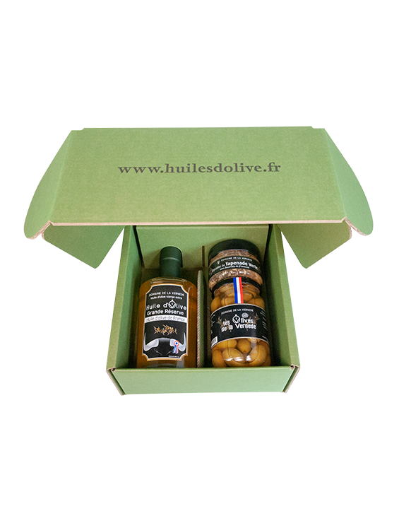 Coffret 1 Huile d'olive Grande Réserve, 1 Pot Olives Nature et 1