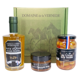 Coffret Trio 1 Bouteille d'huile 350ml - 1 Pot Olives Piment 200gr - 1 Spécialité de Tapenade Tomate 100gr