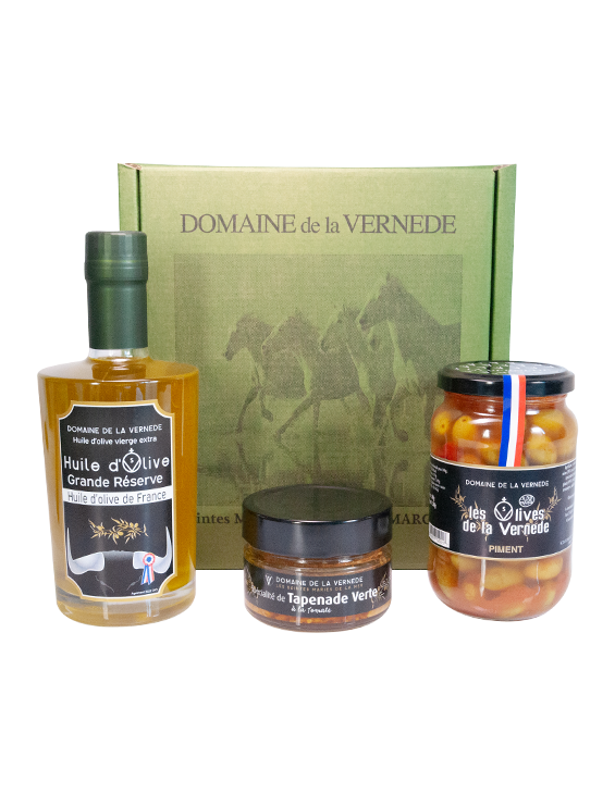 Coffret Trio 1 Bouteille d'huile 350ml - 1 Pot Olives Piment 200gr - 1 Spécialité de Tapenade Tomate 100gr