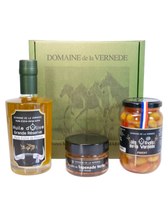 Coffret Trio 1 Bouteille d'huile 350ml - 1 Pot Olives Piment 200gr - 1 Spécialité de Tapenade Tomate 100gr