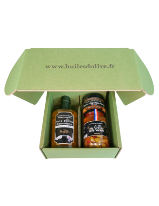 Coffret Trio 1 Bouteille d'huile 350ml - 1 Pot Olives Piment 200gr - 1 Spécialité de Tapenade Tomate 100gr