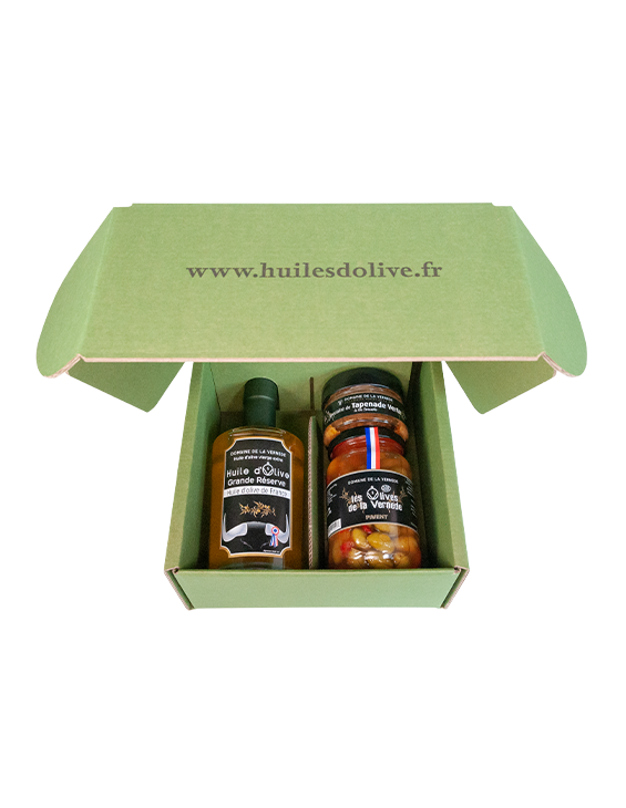 Coffret 1 Huile d'olive Grande Réserve, 1 Pot Olives Piment et 1 Pot  Spécialité Tapenade Tomate