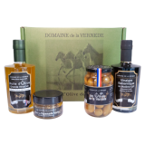 Coffret Quatro: 1 Huile d'Olive-1 Vinaigre Balsamique - 1 pot Olives Nature - 1 Spécialté Tapenade Amandes 