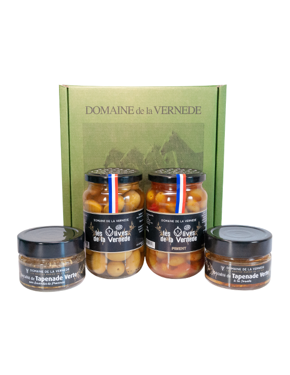 Coffret 2 Olives Nature + Piment - 2 Spécialités de Tapenade Vertes Amandes et Tomate