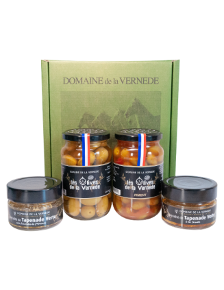 Coffret 2 Olives Nature + Piment - 2 Spécialités de Tapenade Vertes Amandes et Tomate