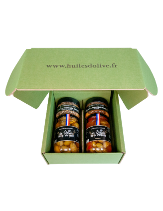 Coffret 2 Olives Nature + Piment - 2 Spécialités de Tapenade Vertes Amandes et Tomate