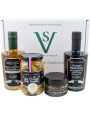 Coffret Quatro: 1 Huile -1 Vinaigre - 1 pot Olives Nature - 1 Spécialité Tapenade Amandes