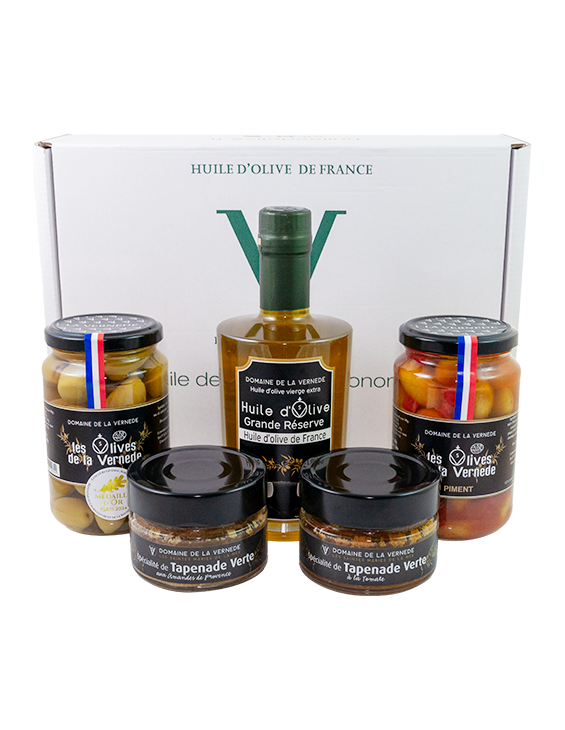 Coffret 1 Huile d'Olive - 2 Olives Nature + Piment - 2 Spécialités de Tapenades Vertes Amande et Tomate